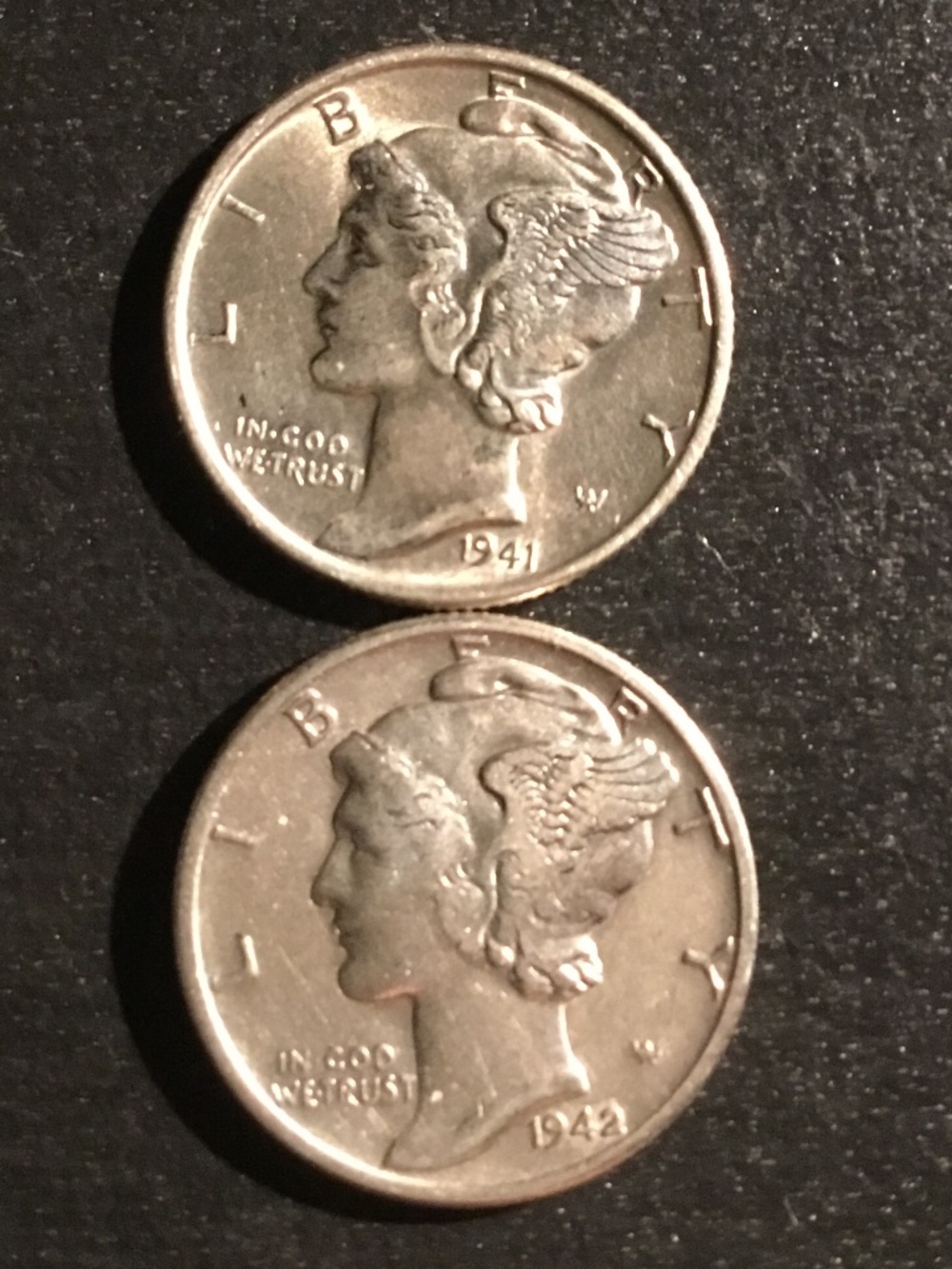 1941 & 1942 Mercury dimes==90% Silver==Circulated==very fine